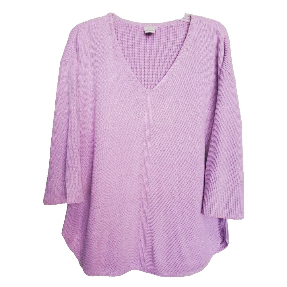 Chico's Purple Cotton Blend V-Neck 3/4 Sleeve Sweater Tunic Size 3 (XL) Beachy